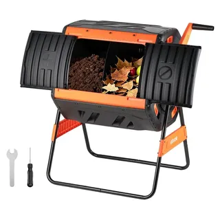Vevor Komposttrommel 200 L, Tumbling-Komposter Outdoor mit 2 Schiebetüren & Belüftungssystem & Doppelkammern, Kompostbehälter aus PP & Kohlenstoffstahl für Garten-, Küchen- und Hofabfälle