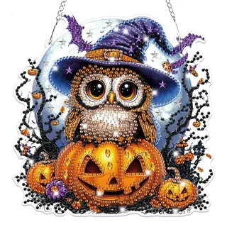 Lxmsja Halloween Diamond Painting Anhänger Eule, 5D Diamond Painting Fensterbilder Beidseitig für Erwachsene Kinder, Bastelset Kreativ Set, Hängend Ornament Kranz Tür Fenster Wand Eingang Decor