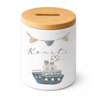 Personalisierte Kinderspardose mit Namen aus Keramik – Spardose für Kinder mit Bambusdeckel, Geldgeschenk zur Geburt, Taufe & Geburtstag (Schiff)