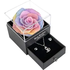 Wonvin Collection Geschenke für Frauen,Ewige Echte Rose mit Herz Halskette und Ohrringe aus 925 Sterlingsilber, Infinity Rosen Geschenkbox für Valentinstag, Muttertag, Weihnachten (Colorful)
