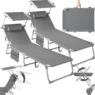tectake 2er Set Sonnenliege klappbar verstellbar mit stufenlos anpassbarem Sonnendach und abnehmbarem Kopfpolster grau - 68x190cm