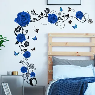 HGDESIGN® Wandtattoo Wandaufkleber Rot Rosen Blumenranke Wohnzimmer Schlafzimmer Wandsticker Wandbild Wanddeko Selbstklebend (Blau)