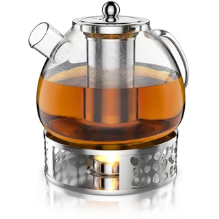 Arendo - Glas Teekanne mit Stövchen - mit Sieb - 1500 ml – aus Borosilikatglas – mit Edelstahlsieb – feinmaschig – hitzebeständig – Glasteekanne – für losen Tee Kräutertee Früchtetee – Teekocher – lan