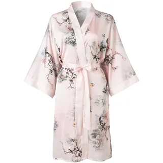 Ledamon Damen Kimono Kurz Robe für Frauen - Pocket Floral Bademantel Nachthemd (Helles Pink)