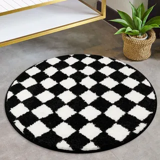 Sivilife Karierter runder Badezimmerteppich, maschinenwaschbar, Schwarz und Weiß, 60 cm Badematte