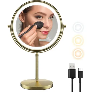 zelaxy Tischspiegel Retro Schminkspiegel Vintage mit Licht 10X-Vergrößerung 360Grad -Altgold - Gold