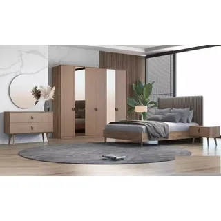 Set Bett 2x Nachttische Schminktisch Schlafzimmer 6tlg Design Modern - Braun