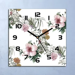 Wanduhr Echt-Glas-Küchenuhr Aquarell Hibiskus Quarz Lautlos 30x30 Deko Bilder - Rosa