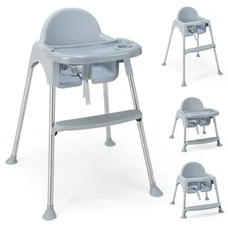 Costway 4 in 1 Babyhochstuhl aus PP & Edelstahl, Hochstuhl umwandelbar mit abnehmbarem Doppeltablett, 3-Punkt-Sicherheitsgurt, Babystuhl Kombihochstuhl für 6-36 Monaten Baby (Grau) - Grau
