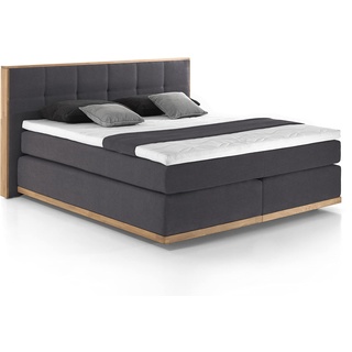 Mivano Levana Boxspringbett mit Sockel aus Eiche, 7-Zonen-Federkern, Matratzen H2/H3 + Topper Basic, Chenille, Grau, Liegefläche 160 x 200 cm