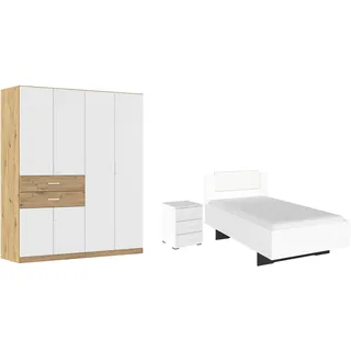 Rauch "Komplettzimmer Komplettschlafzimmer Schlafzimmer-Set (3-St.) MAIKA", Set, 3 Stk. tlg. Schrank 3 Breiten, 2 Höhen, Bett 100 cm, Nachttisch MADE IN GERMANY, eiche artisan, alpinweiß, lederoptik weiß),