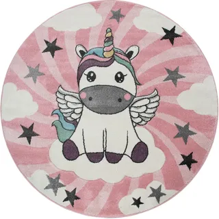 Paco Home Kinderteppich »Cosmo 395« rund 12 mm Höhe 3D-Design, niedliches Einhorn Motiv, Pastell-Farben, Kinderzimmer, pink