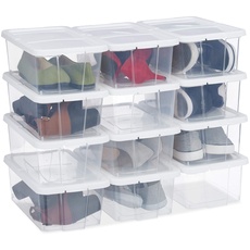 Bild Schuhboxen Kunststoff, 12er Set, stapelbar, durchsichtige Aufbewahrungsboxen mit Deckel, 12,5x20x34,5cm, weiß