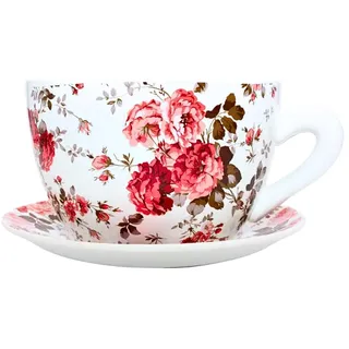 Dekohelden24 Blumentopf, Pflanztasse, Pflanzkübel, Pflanzgefäß, Blumenkübel, Pflanztopf. Übertopf als Tasse mit Griff aus Keramik, Motiv: Rosenblumen, L/B/H 20 x 15 x12 cm.
