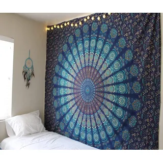 Raajsee Indisch Psychedelic Wandteppich Mandala Blau Turquoise/Elefant Boho Wandtuch Hippie/Indien Wandbehang Queen baumwolle Tuch 82 x 92 Inches