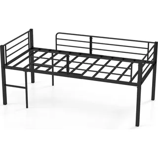 COSTWAY Kinderbett, niedriges Hochbett, Bettgestell Metall mit Sicherheitsgeländern, 2 Leitern & Stauraum, Bettrahmen Jugendbett platzsparend Schwarz - Schwarz