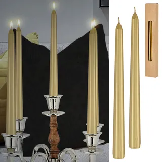 Cepewa 2er Set Stabkerzen gold | 2x25cm Paraffin | Wachskerze Echtwachs Dekokerze Kerze glänzend Spitzkerze (1 x 2er Stabkerzen gold)