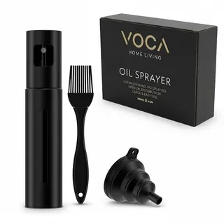 VOCA Ölspray aus hochwertigem Edelstahl – 100 ml Nachfüllbare Öl-Sprayflasche inkl. Trichter und Pinsel – Tropffrei & Feiner Nebel für präzise Dosierung– Für Olivenöl, Essig, Kochen, Salate, Grillen