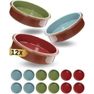 ToCi 12 x Tapas-Schalen Bunt Ø 11,5 cm – Spanische Cazuela Schälchen aus Ton 175 ml - Kleine Auflaufformen & Dessertschalen für Tapas, Fingerfood, Crème Brûlée & Ofengerichte