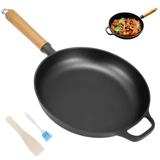 ZONJIE Gusseisenpfanne 27cm – Steakpfanne & Gusspfanne für Induktion, Gasgrill & Grill, Ohne Beschichtung Bratpfanne Induktion, Cast Iron Pan Griff aus Massivholz, Outdoor & Indoor Eisenpfanne