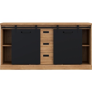 Forte Sideboard mit 3 Schubladen und 2 Türen, Holzwerkstoff, Waterford Eiche/Schwarz, B x 88,2 cm x 52 cm,