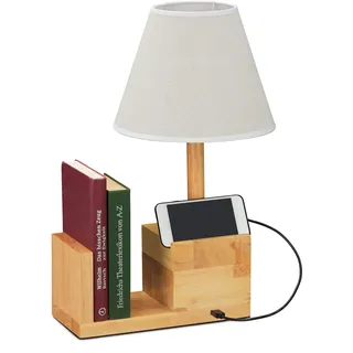 Relaxdays Tischlampe Holz, mit USB-Anschluss, Buchstütze & Handyhalter, E27, Nachttischlampe, Stoffschirm, natur/creme, 10032641, 45 x 32 x 23 cm