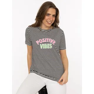T-Shirt ZWILLINGSHERZ "Positive Vibes", Damen, Gr. XXL, marine, Web, Obermaterial: 95% Viskose, 5% Elasthan, bestickt, geringelt, bequem hüftbedeckend, Rundhals, gerader Abschluss, Shirts T-Shirt, gestickter Statement Schriftzug, Rundhals