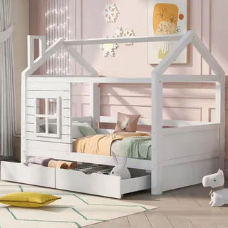 FAVSH Kinderbett Hausbett 90x200 cm, Doppelbett mit Fenstern und 2 Schubladen, Kinderbett mit Dach, Massivholz Kinder Bett mit Rausfallschutz und Lattenrost, für Jungen & Mädchen (Weiß)