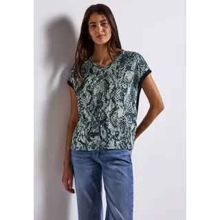 Shirttop STREET ONE, Damen, Gr. 36, blau (arona blau), Jersey, Obermaterial: 95% Viskose, 5% Elasthan, bedruckt, hüftbedeckend, V-Ausschnitt, Tops Shirttop, mit gemusterter Front aus Viskose und V-Ausschnitt