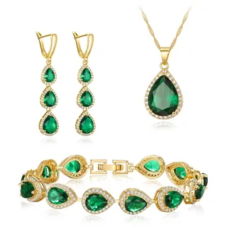 Clearine Schmuck Set für versilbert klar Teardrop kubischer Zirkonina Halskette Lange Ohrringe und Armband für Damen Braut Party Smaragd Grün Gold Ton