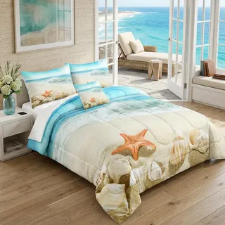 Bedbay Strand-Bettwäsche-Set für Doppelbett, Seestern, Strandmotiv, Küste, Seestern, Muscheln, natürliches Design, blaugrün, 1 Steppdecke, 1 Kissenbezug (Conch, Twin)