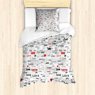 ABAKUHAUS Liebe Mantele, Kalligraphie-Herz-Stern, Milbensicher Allergiker geeignet mit Kissenbezügen, 135 cm x 200 cm - 80 x 80 cm, Grau, Schwarz, Rot - Grau