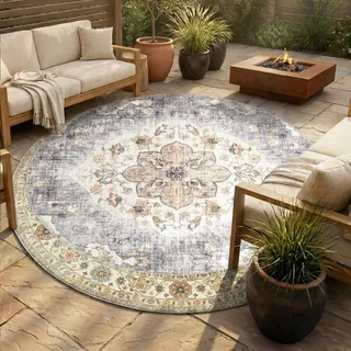 Vintage Gartenteppich Rund - Santo Mandala Blau Grau - Ø 200 cm - Balkon, Garten / Terrasse - FRAAI | Home & Living - Orientalisch - Grau, Blau