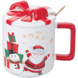 Tasse 420 ml Porzellan Deckel Design Schleife rot Löffel Edelstahl Xmas