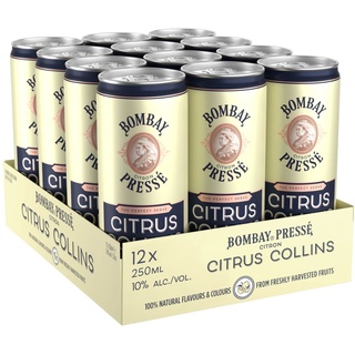 Bombay Pressé Citrus Collins, 10% Vol., 12x 25 cl/250 ml, Ready-To-Drink Cocktail in der Dose, trinkfertiger Mix mit London Dry Gin und dem natürlichen Geschmack bester Mittelmeerzitronen