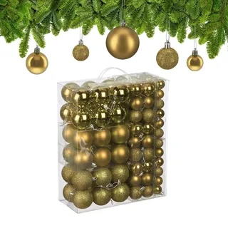 Relaxdays Weihnachtskugeln im 138er Set, Kunststoff, glitzernde, Matte, glänzende Baumkugeln, Christbaumschmuck, Gold