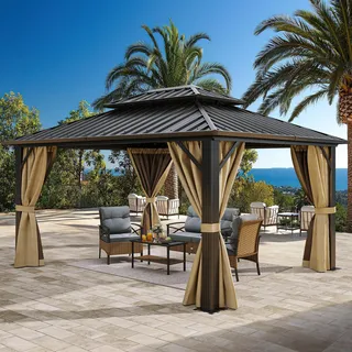 YITAHOME 3 x 3,65 m Wasserdicht Stabil Hardtop Pavillon mit Doppeldach,Netz und schattigen Vorhängen, Hardtop Aluminium-Rahmen, Gartenzelt für Terrasse, Hinterhof, Deck und Rasen