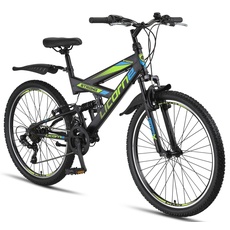 Bild Bike Strong V Premium Mountainbike in 26 Zoll - Fahrrad für Jungen, Mädchen, Damen und Herren - Shimano 21 Gang-Schaltung - Vollfederung - Schwarz/Blau/Lime