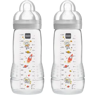 MAM Easy Active Trinkflasche im 2er-Set (330 ml), Baby Trinkflasche inklusive MAM Sauger Größe 2 aus SkinSoft Silikon, Milchflasche mit ergonomischer Form, 4+ Monate, Weltall
