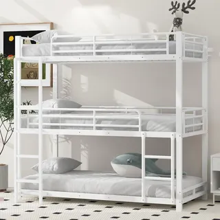 Sweiko  90x200cm Bettgestell Metallbett,Etagenbett,Eisenbett, Dreifach-Etagenbett für Kinder, Jugendliche und Erwachsene, Weiß