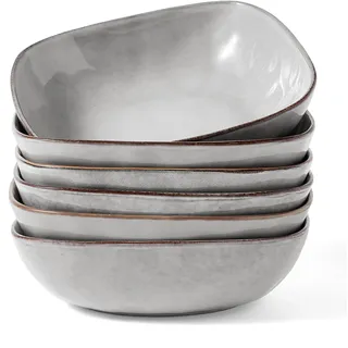 Richmount Ocean Quadratisch Pastateller Tief 6er Set, Bowl Teller Keramik für Pasta, Nudeln, Suppe, Salat -Grau​