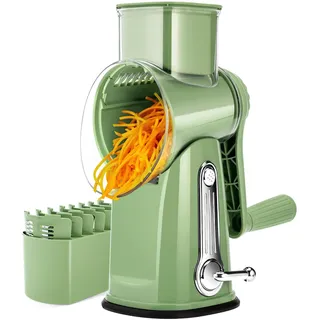 SUSTEAS Käsereibe mit Kurbel - Reibe für Gemüse mit 5 Trommelblättern, Starkem Saugfuß, Gemüseschneider,ideal für Käse,Gurken, Karotten,Nüsse,Gemüse usw, mit Klingenaufbewahrungsbox (Retro-Grün)