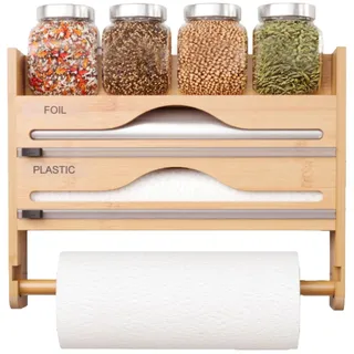 4 Funktionen in 1 Küchenrollenhalter aus Holz,Küchenrollenhalter, Gewürzregal und Folienschneider,Wandrollenhalter,Küche Organizer für Alufolie & Frischhaltefolie