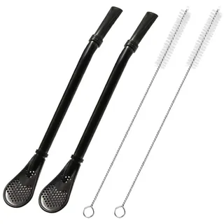 Edelstahl Trinkhalme mit Filterlöffel, 2 Pack Tee Strohhalme, Mate Bombilla, Kaffee Rührstab für Eistee, Cocktail, mit 2 Reinigungsbürste (Schwarz)