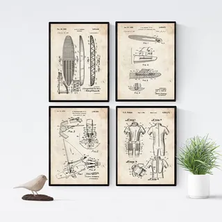 Nacnic Vintage Surf Patent Poster 4-er Set. Vintage Stil Wanddekoration Abbildung von Surfbrett und Neoprenanzug. Verschiedene geometrische Alte Erfindungen Bilder ohne Rahmen. Größe A4.
