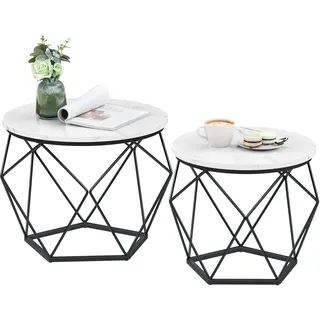VASAGLE Couchtisch rund, 2er Set, Wohnzimmertisch, Beistelltisch, modern, abnehmbare Tischplatte, für Wohnzimmer, marmorweiß-tintenschwarz LCT041W59