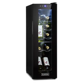 Klarstein Weinkühlschrank, 1 Zonen Getränkekühlschrank Klein, Kleiner Weinschrank 32L, Wein-Kühlschrank Klein mit Glastür, Indoor/Outdoor Flaschenkühlschrank, Wine Fridge 5-18°C, 12 Flaschen - Schwarz