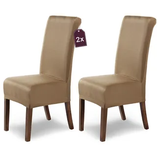 Scheffler Home Stuhlhussen Marie Beige 2er Set Wasserabweisende und elastische Stuhlbezüge mit Fleckenschutz – Passend für Esszimmerstühle und Schwingstühle – Öko-Tex Zertifiziert