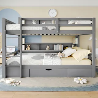 Flieks Etagenbett 90x200cm mit Regalen und Schublade, Hochbett mit Leiter, Kinderbett mit Rausfallschutz und Lattenrost, Stockbett 2 Kinder, Grau - Grau