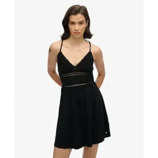 Superdry für Damen. W8011735A Schwarzes Kleid aus Strick und Spitze (L), Lässig, Baumwolle, Ärmellos / Hosenträger